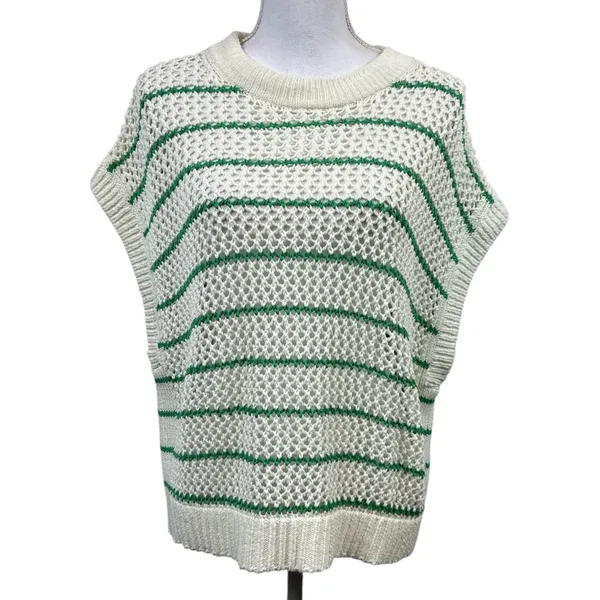 Madewell Classic Ivory Green Striped Open Stitch Knit Sweater Tee Size L NWOT - Image 2
