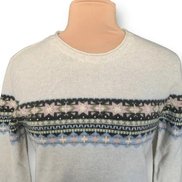 Vintage Lucky Brand Sweater Cream Pink Faire Isle Neutral Knit‎ Pullover Cabin - Image 2