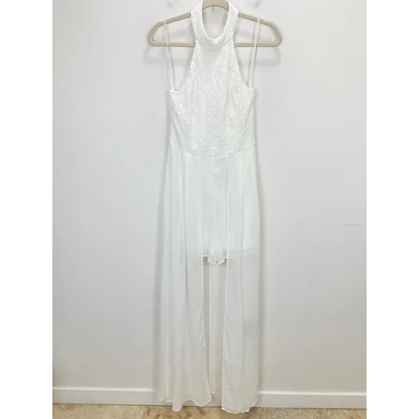 Lulus Love Speaks White Lace Halter Maxi Romper Wedding Bridal Large NWT - Image 6