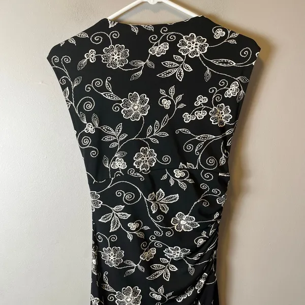 Vintage Y2K Black Floral Midi Dress Ruched Waist Sleeveless Romantic Soft Goth S - Image 6