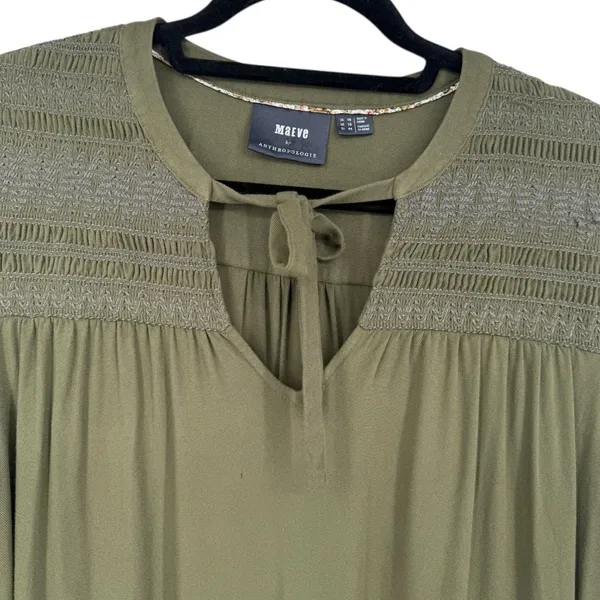 Anthropologie Maeve‎ Ragonda Tunic Dress Moss Green Smocked Long Sleeve Size 12 - Image 6
