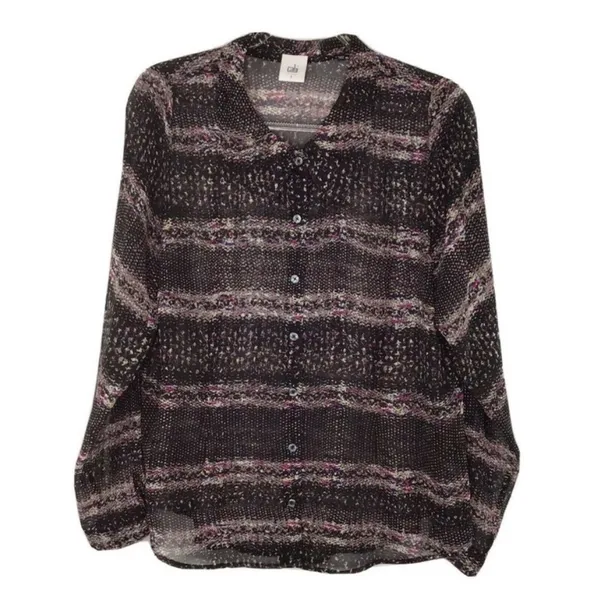 Cabi Large Semi Sheer Button Front Blouse Black Abstract Print Long Sleeve Top - Image 6
