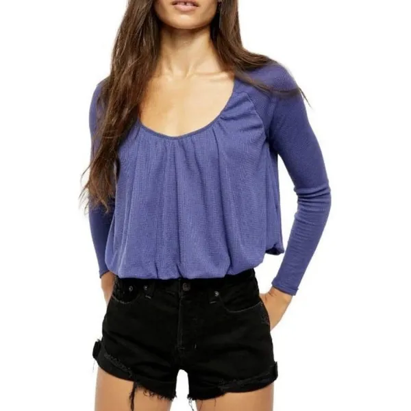 Free People We The Free Women's Medium Bondi‎ Blue Thermal Long Sleeve Crop Top Bohemian - Image 2