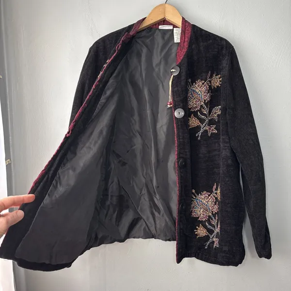 Victorian Chenille Jacket Size Medium 8 10 Black Whimsigoth Regency Asian Floral - Image 4