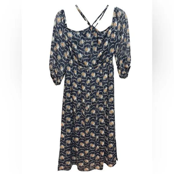 Club Monaco Tansa Dress in Deep Sapphire Blue Floral Metallic‎ Pattern Sz 2 - Image 4