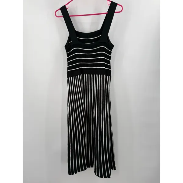 Banana Republic Dress Women's Medium Square Neck Knit Midi Black White Stripe - Image 3