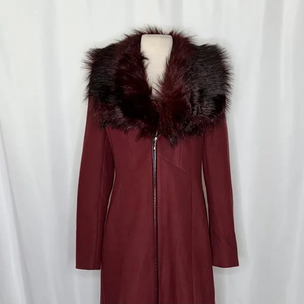 WHBM Burgundy Long Coat Removable Faux Fur Collar White House Black Market XS - Image 3