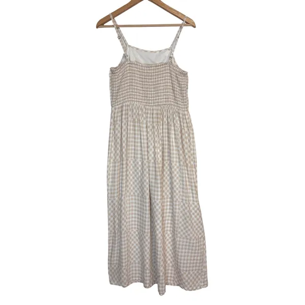 Gingham Midi Dress‎ Womens L Beige White Cotton Linen Blend Boho Cottage Summer - Image 8
