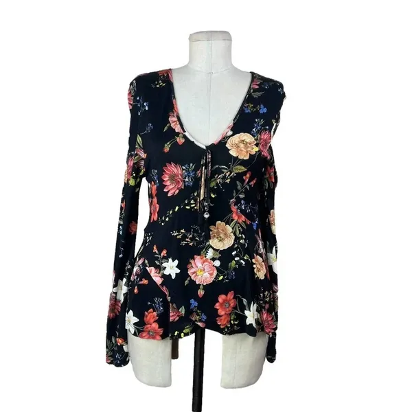 Anthropologie Farm‎ Rio Top Blouse Long Sleeve Jersey Floral Print Black Size XS - Image 3