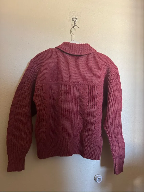Vintage Chunky Cable-Knit Wool Toggle Sweater Jacket Brick Red NEW Cabincore - Image 5