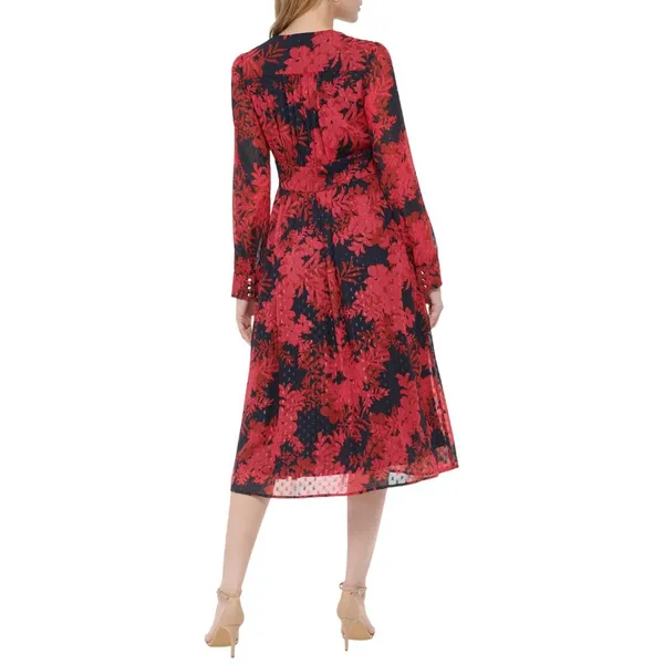 NEW Tommy Hilfiger Glitter-Dot Floral Belted Dress Sky Captain / Persian Red 12 - Image 4