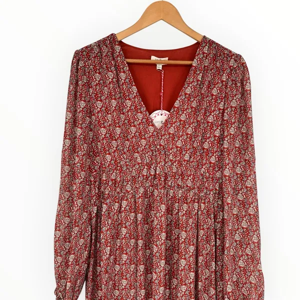 Umgee Burgundy Ditsy Floral Print Maxi Dress with Slits size Large Long Sleeves - Image 3