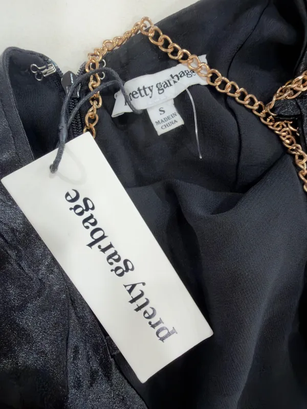 Pretty garbaje Black Satin Mini Dress with Gold Chain Straps - Image 2