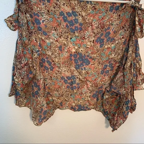 Women's Sleeveless Open Blouse Tie Strap Ruffle‎ Tan Blue Pink Teal Floral - Image 4