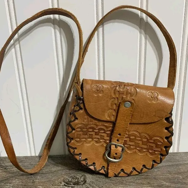 70s Vintage Mexican Hand Tooled Leather Bag Boho Western Floral‎ - Image 2