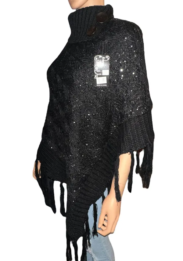 Sequined Fringe Turtleneck Poncho Black - Image 4