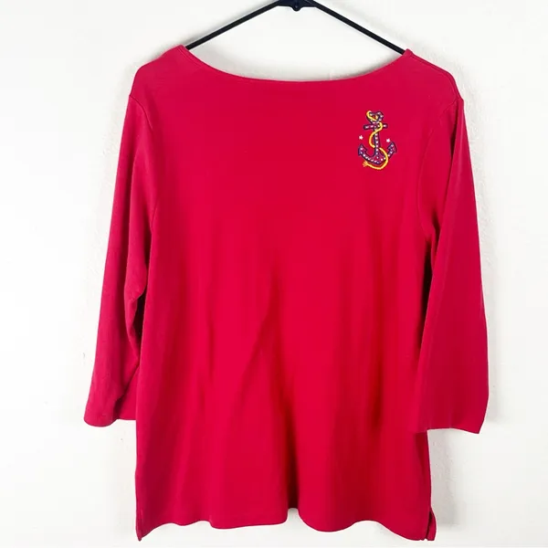 QUACKER FACTORY Red Long Sleeves Embellished Beaded Patriotic Top, Size Large - Image 2