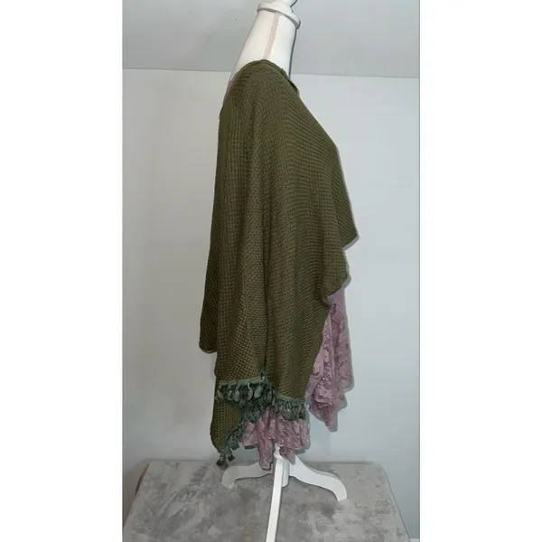 Women's Caramela Olive Green Knit Poncho Shrug Poncho - Image 3