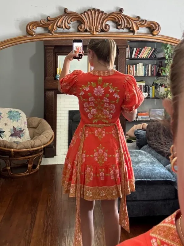 A Loves A Floral Puff-Sleeve Orange Belted Linen Mini Dress New Size Small - Image 5