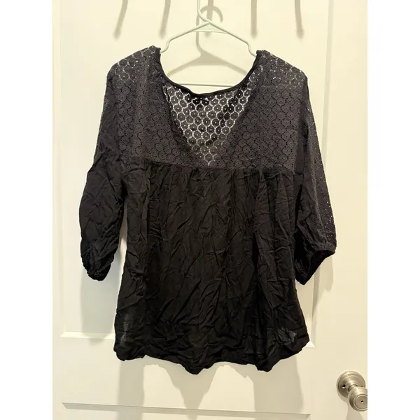 Free People Moon River Easy Top Size Small Black Daisy Lace Peasant Blouse - Image 5