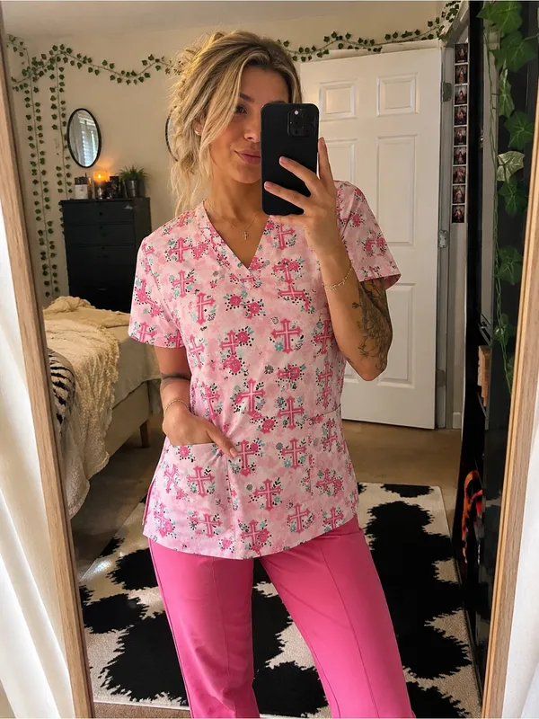 Wear For Care Pink Cross Scrub Top Size Small | V-Neck Medical Uniform | Nurse - Image 2