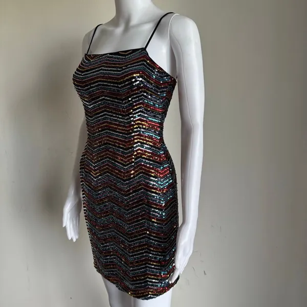 Avec Les Filles Chevron Rainbow Sequin Glam 70’s Party Dress NWT - Image 4