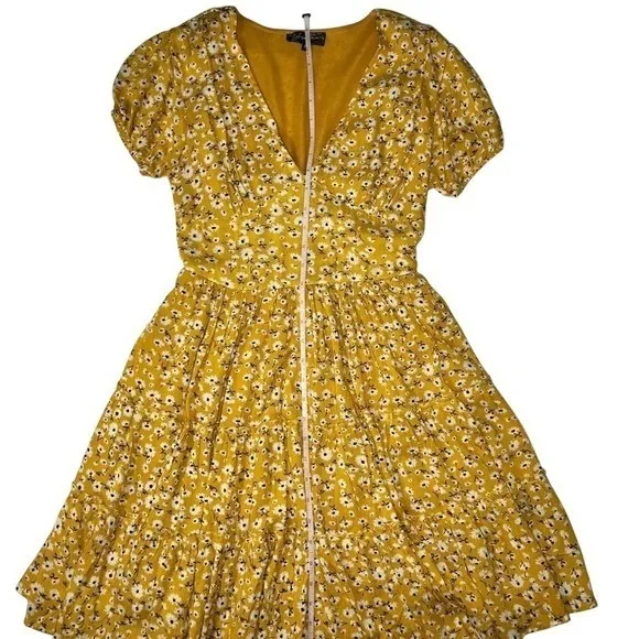 Yellow Ditsy Floral Boho Mini Dress Size PS V Neck Puff Sleeve Tiered Spring Fit - Image 6