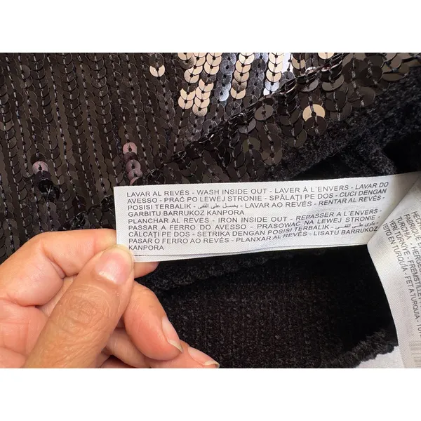 ZARA Sequin Pullover Top Black Cropped Long Sleeve Crew Neck Sweater Small - Image 5