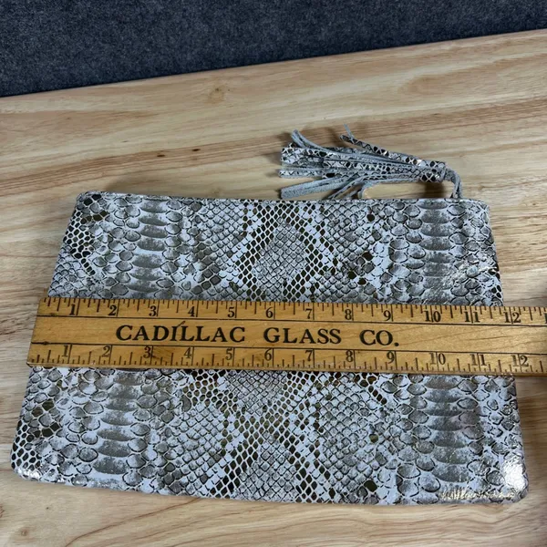 Channing Snakeskin Embossed Tassel Clutch Bag Metallic Gold Cream 12x8 - Image 7