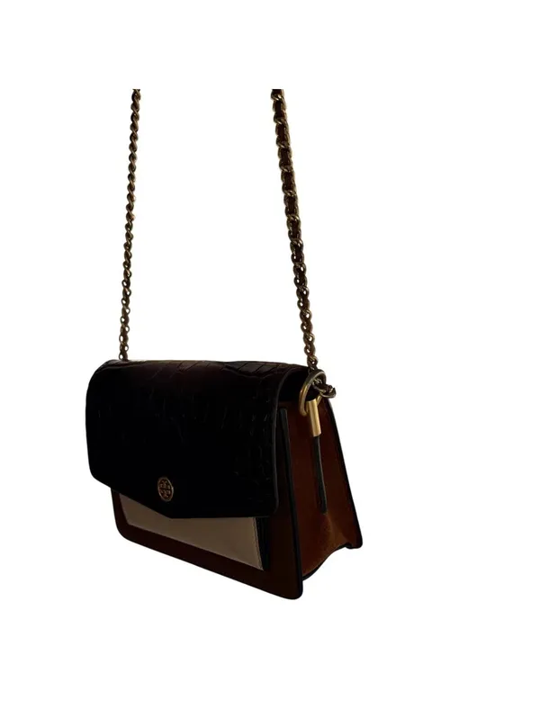 Tory Burch Black Brown Croc Embossed Leather ChainCrossbody Bag Purse - Image 3