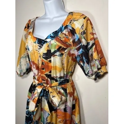 FLYING TOMATO Midi Dress Small Abstract Floral Tiered Boho Puff‎ Sleeve Art Belt - Image 2