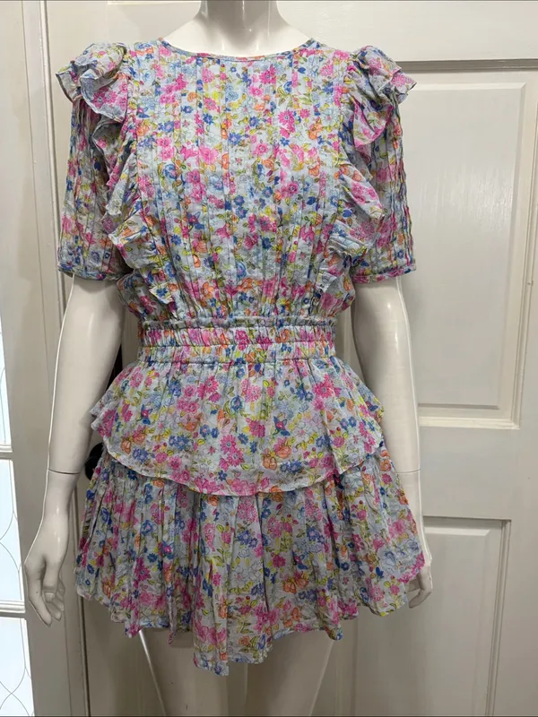 LoveShackFancy 100% Cotton Smocked Ruffle Mini Dress Blue & Pink Floral Size XS - Image 3