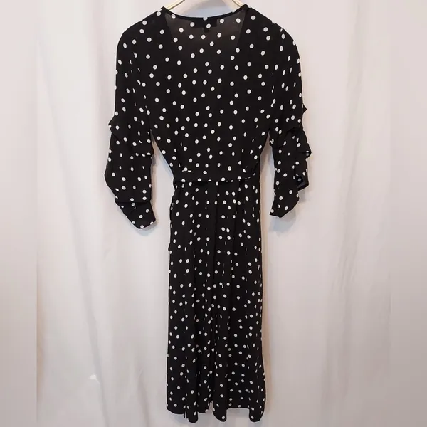 Lulu's Black White Polka Dot Tiered Ruffle 3/4 Sleeve Midi Tie Wrap Dress Small - Image 8