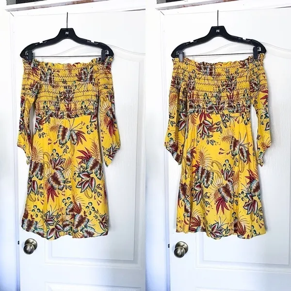 Farm‎ Rio Dress Bria Smocked Mini Floral Off-Shoulder Yellow Multi XS EUC - Image 3