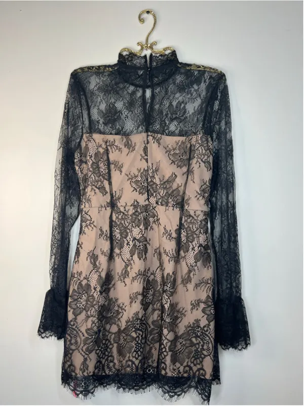 Cider Black Lace Stand Collar Long Sleeve Straight Mini Dress Size 10 - Image 13