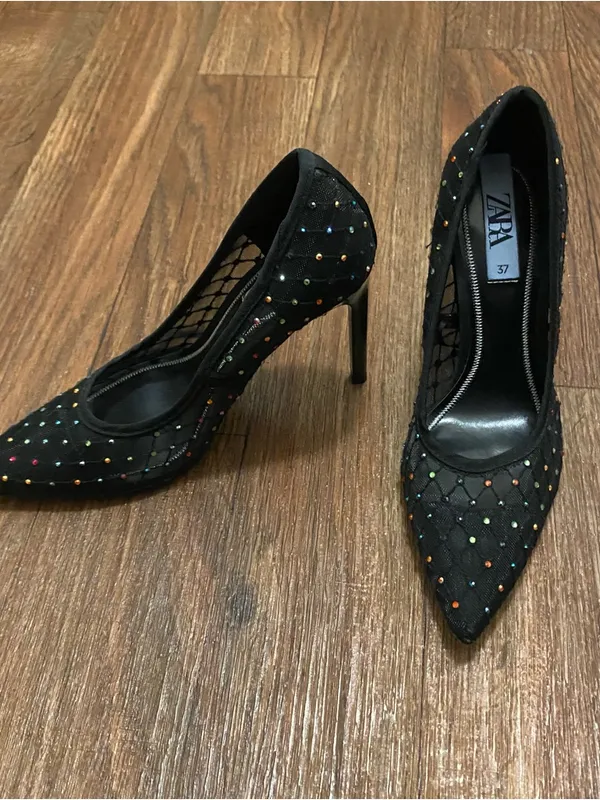 Zara Womens Black Mesh Pumps Heels Size 37 US 6.5 Multicolor Beading Beads - Image 2