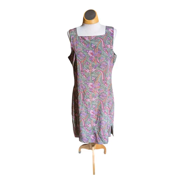 Vtg 1990s Casual Corner Green Pink Paisley 100% Silk Knee Length Sheath Dress 12 - Image 2