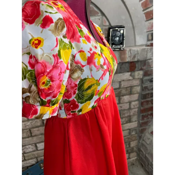 maxi Dress empire waist puff sleeve floral red yellow green 1970s - Image 6