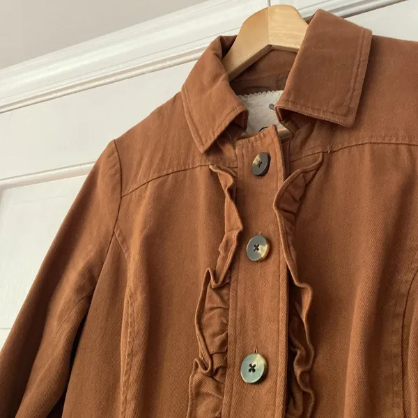 Anthropologie Tabitha Theodora Burnt Orange Rust Jacket Ruffle‎ Military Size 4 - Image 3