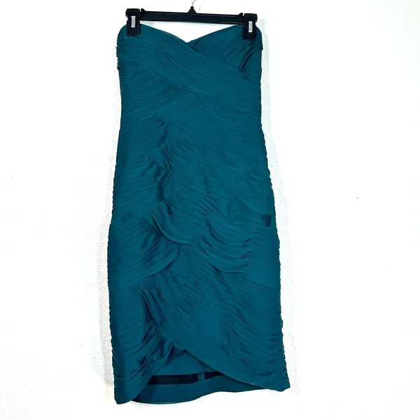 Adriana Papell 6 strapless ruched cocktail dress party shutter pleated mini teal - Image 2
