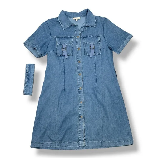 Indulge Chambray Button Up Belted‎ Short Sleeve Shirt Dress Denim Blue Large - Image 12