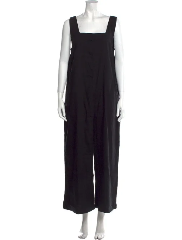 Halston Black Linen Blend Wide Leg Jumpsuit Square Neck Pockets 10 - Image 2