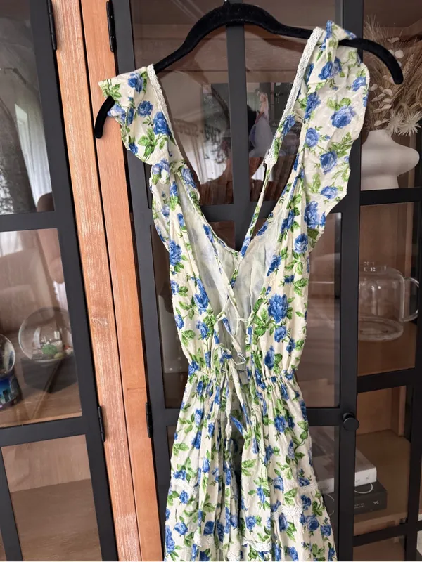 ASOS Design floral maxi dress ditsy eyelet broidery trim tiered ruffle open back - Image 9