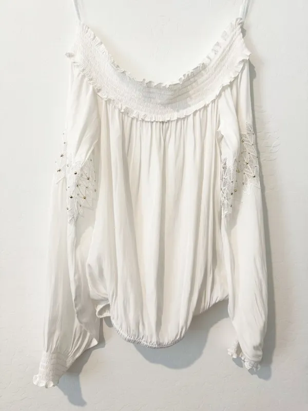 Ramy Brook Marla Blouse Size Small White Off‎ Shoulder Smocked Euro Summer Chic - Image 3