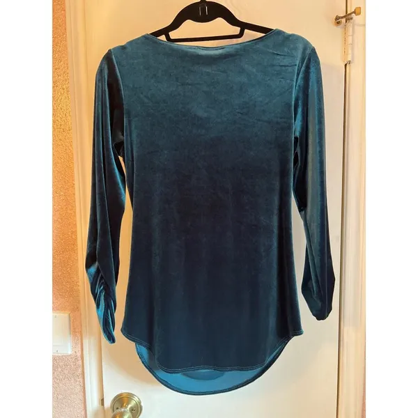 Valerie Bertinelli Teal Blue Velvet Long Sleeve Draped Top For Women - Image 5