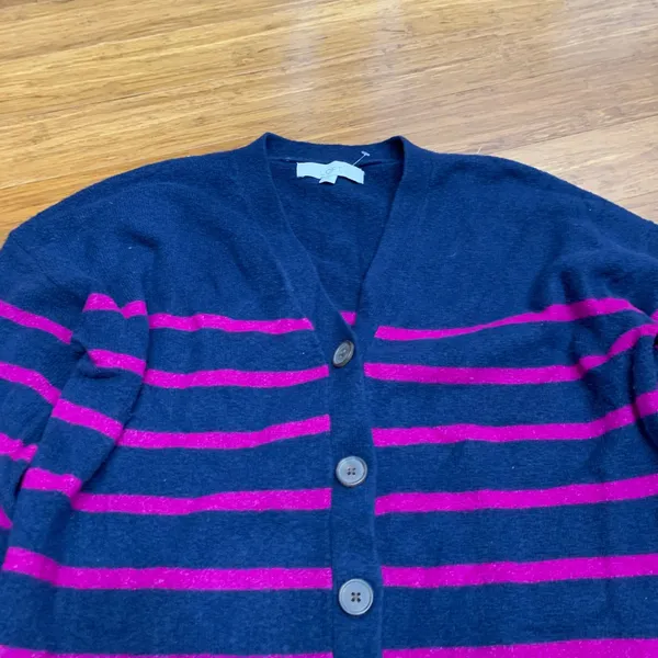 LOFT Navy Blue Pink Stripe Long‎ Cardigan Sweater Dress Duster Womens Size Large - Image 2