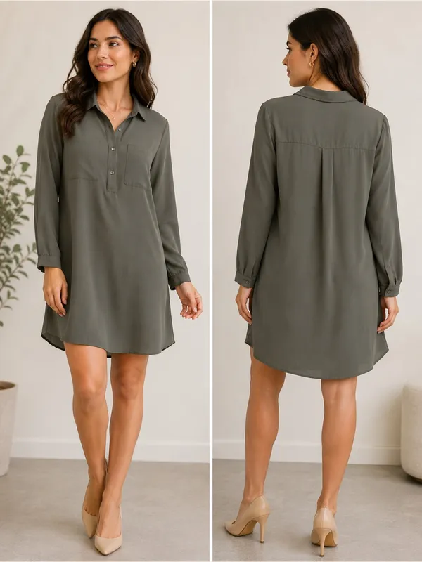 Forever 21 Olive Green Collared Mini Shirt Dress - Image 2