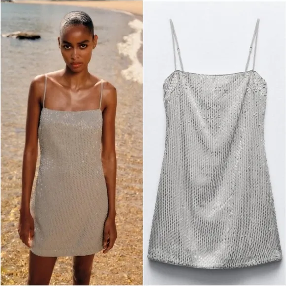 NWT Zara Silver Beaded Mini dress with adjustable Straps and Zipper closure - Image 2