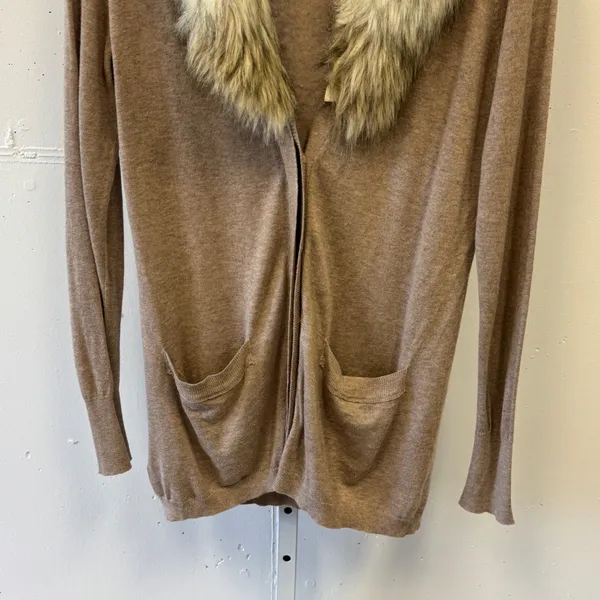 Loft Faux Fur Collar Open Front Cardigan Tan Heather Knit Pockets Large Neutral - Image 4