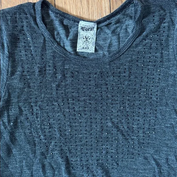 vocal USA charcoal gray knit black short sleeve tunic lace studded bling large - Image 3